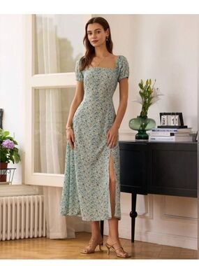 RIHOAS | Dresses | Rihoas The Green Jacquard Cap Sleeve Satin Midi Dress 2  | Poshmark